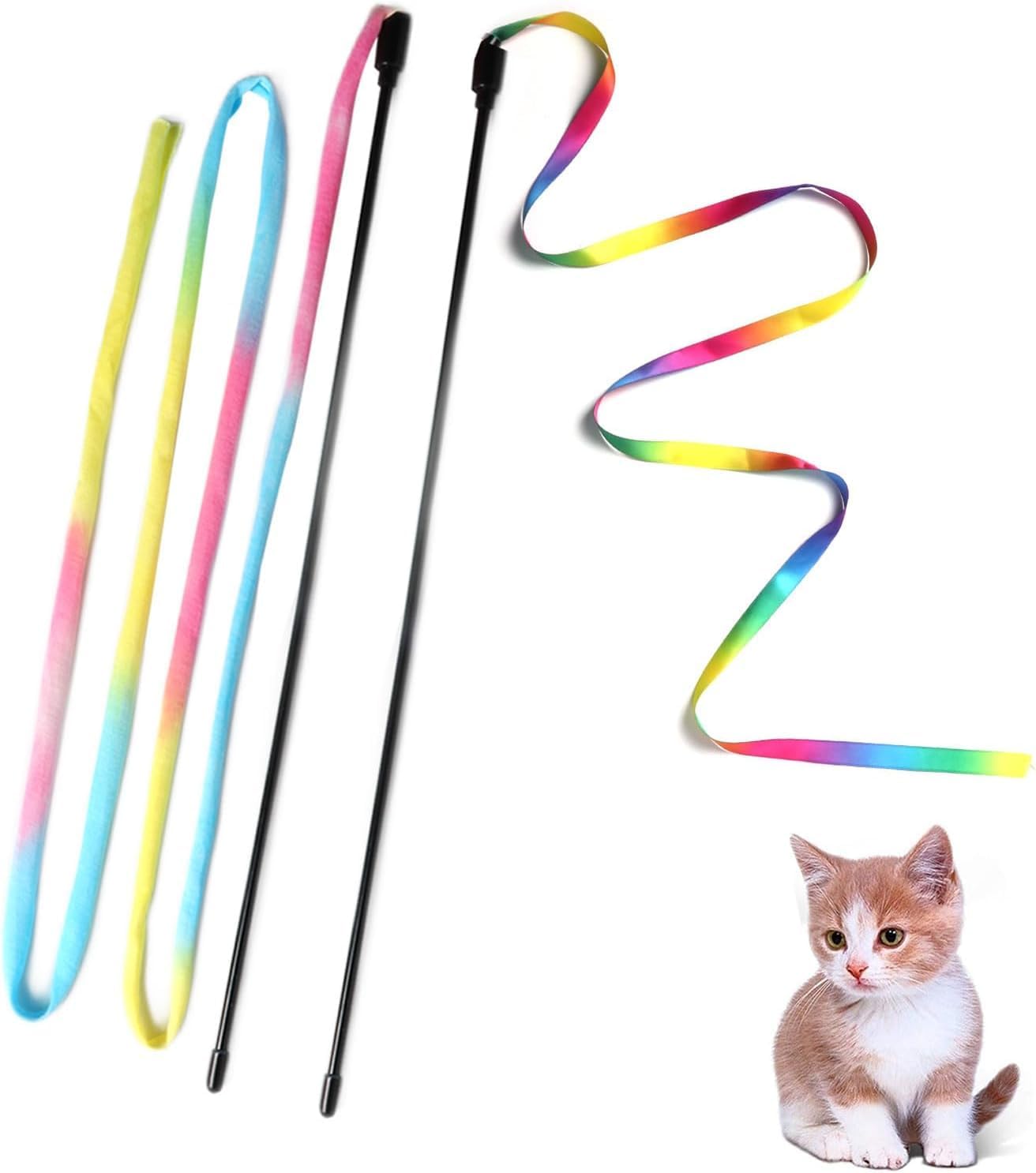 Cat Wand Toys Interactive Kitten Toys for Indoor Cats Colorful Teaser Wand String for Exercise Kitten Stick Kitty Rope Toy Rainbow Ribbon
