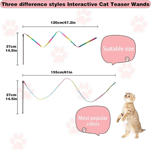 Cat Wand Toys Interactive Kitten Toys for Indoor Cats Colorful Teaser Wand String for Exercise Kitten Stick Kitty Rope Toy Rainbow Ribbon