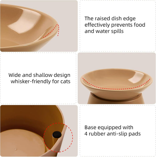 Cat Food Bowls Elevated - Ceramic Cat Water Bowls Whisker Friendly with Stand Tilted Non Slip Flat Detachable Anti Vomiting for Indoor Cats