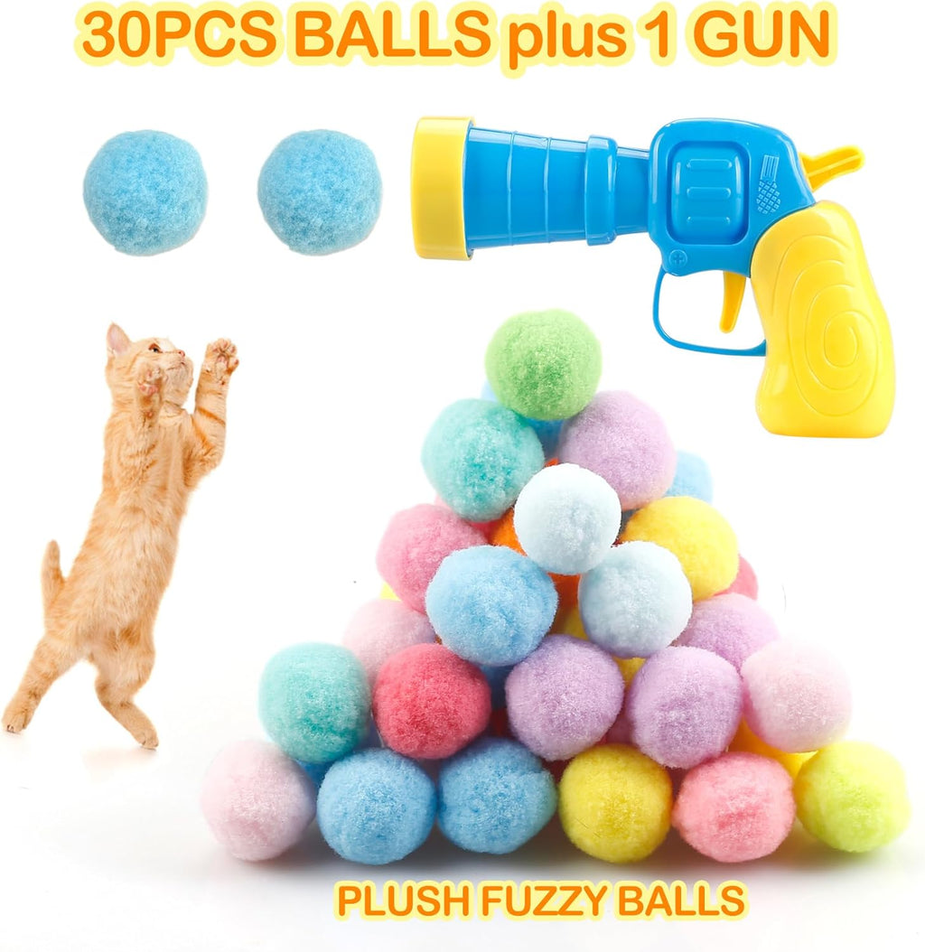31Pcs Cat Ball Toy Launcher Gun,Cat Balls Fetch Toy,30Pcs Plush Fuzzy Balls Launcher Cat Toy for Cats with 1 Gun,Funny Interactive Cat Toys for Bored