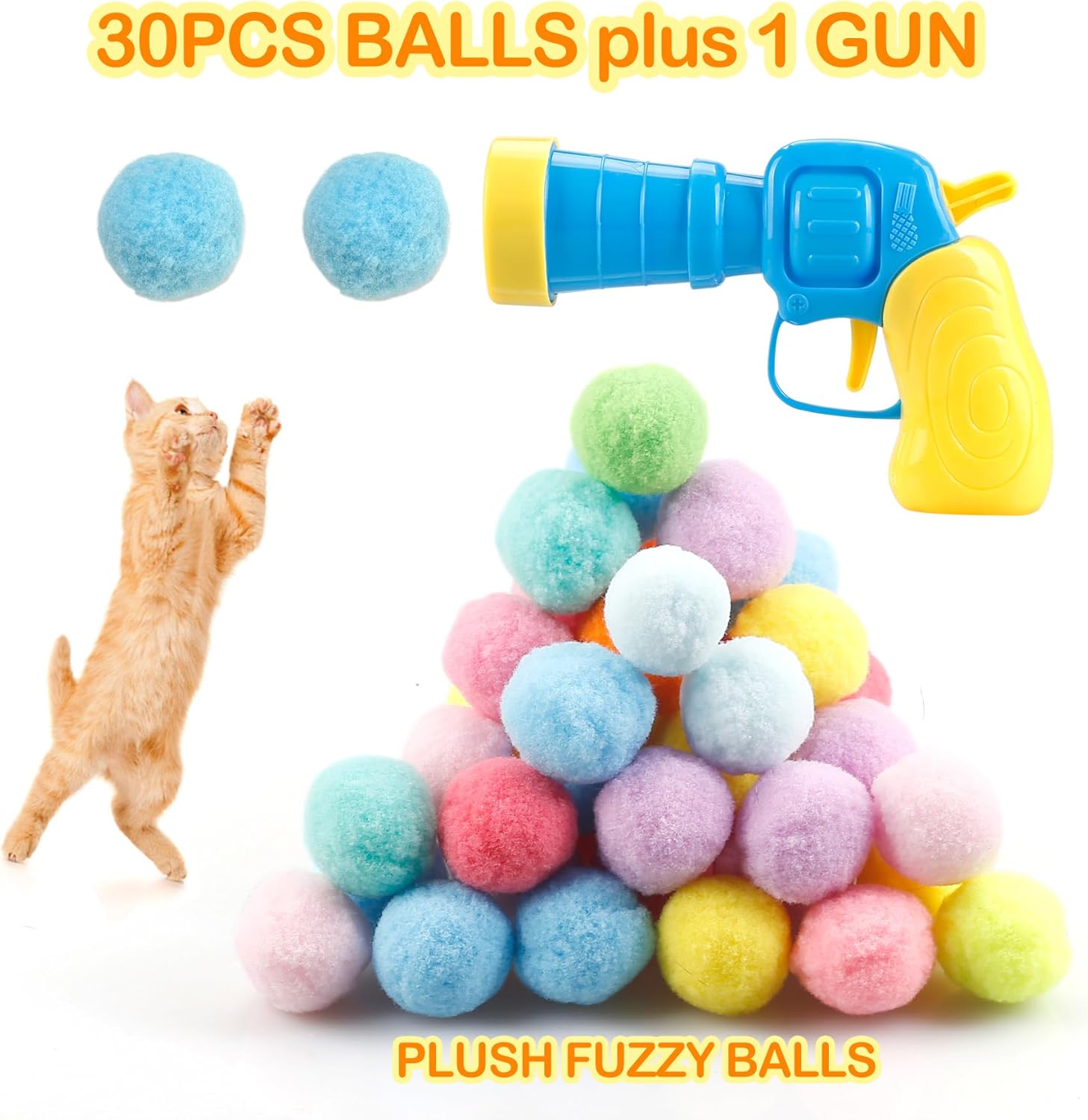 31Pcs Cat Ball Toy Launcher Gun,Cat Balls Fetch Toy,30Pcs Plush Fuzzy Balls Launcher Cat Toy for Cats with 1 Gun,Funny Interactive Cat Toys for Bored