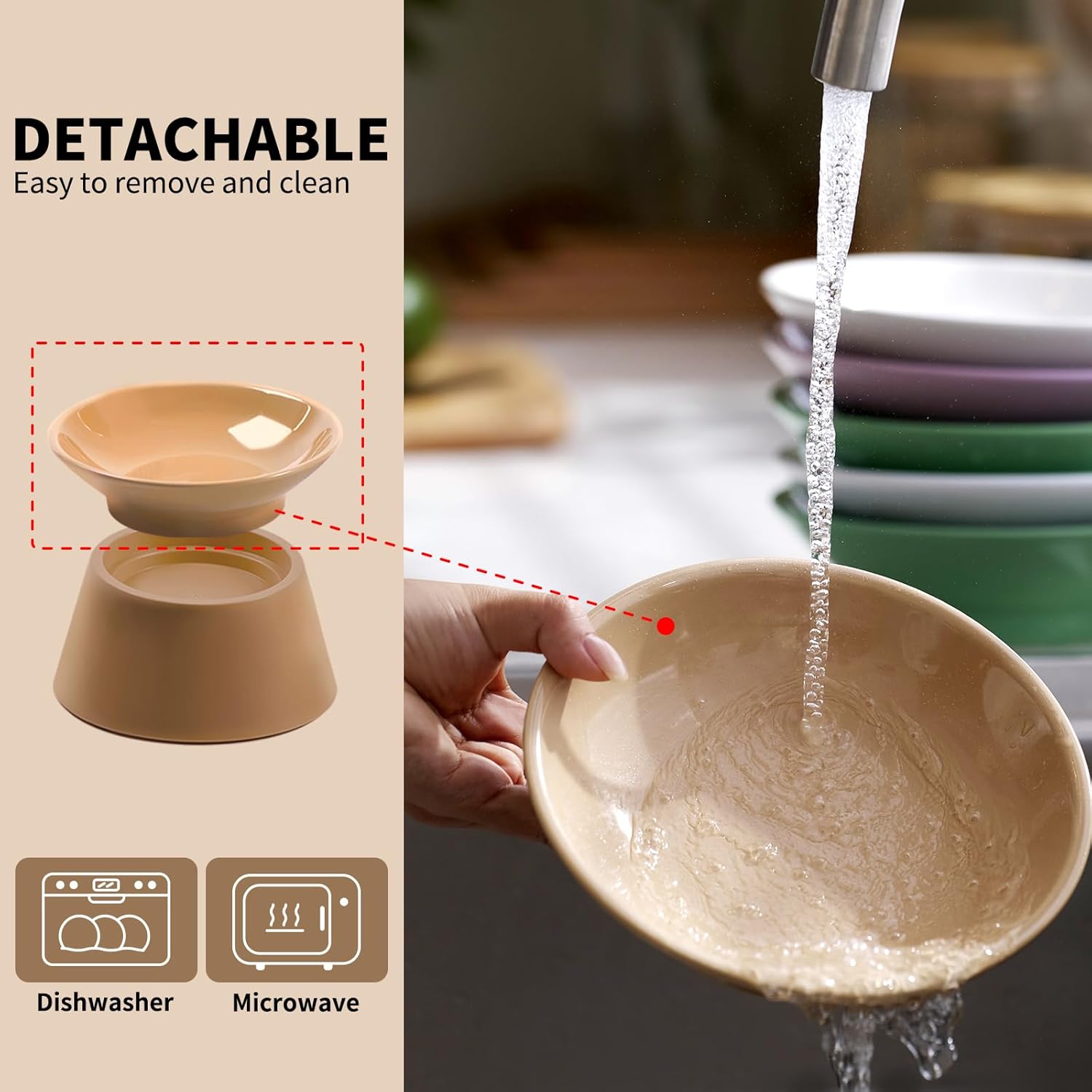 Cat Food Bowls Elevated - Ceramic Cat Water Bowls Whisker Friendly with Stand Tilted Non Slip Flat Detachable Anti Vomiting for Indoor Cats