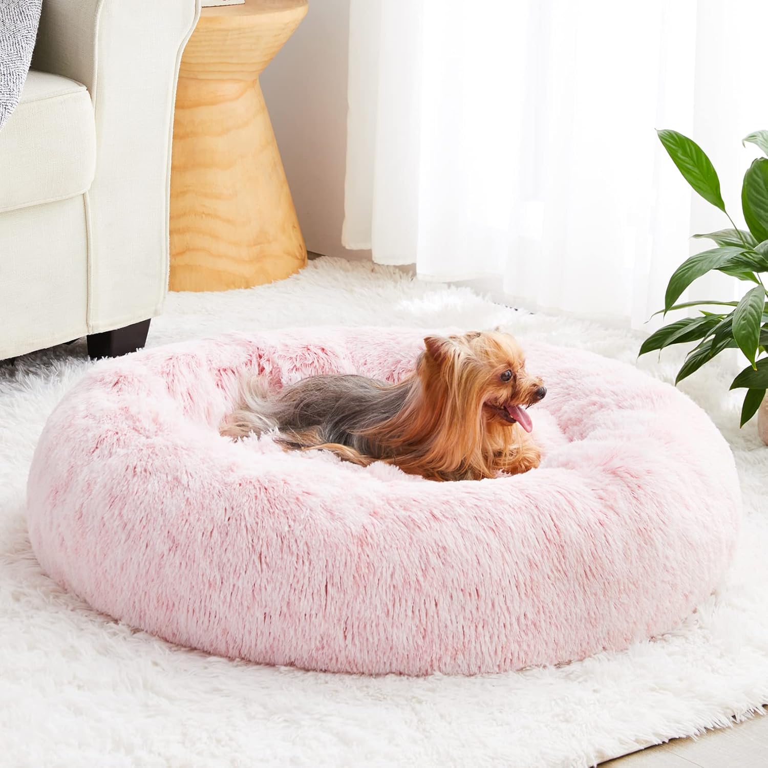 Calming Dog Bed Cat Bed Donut, Faux Fur Pet Bed Self-Warming Donut Cuddler, Comfortable Round Plush Dog Beds