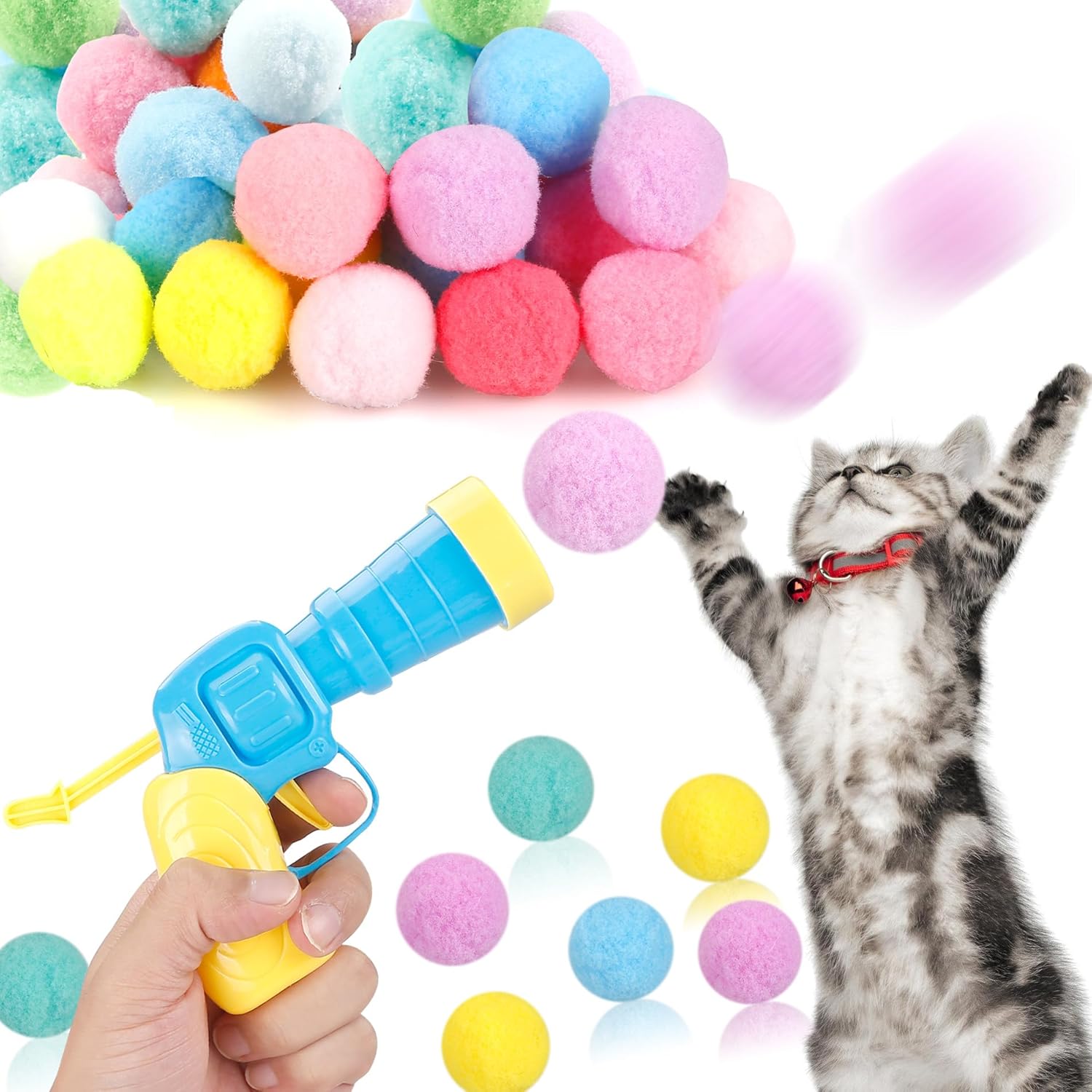 31Pcs Cat Ball Toy Launcher Gun,Cat Balls Fetch Toy,30Pcs Plush Fuzzy Balls Launcher Cat Toy for Cats with 1 Gun,Funny Interactive Cat Toys for Bored