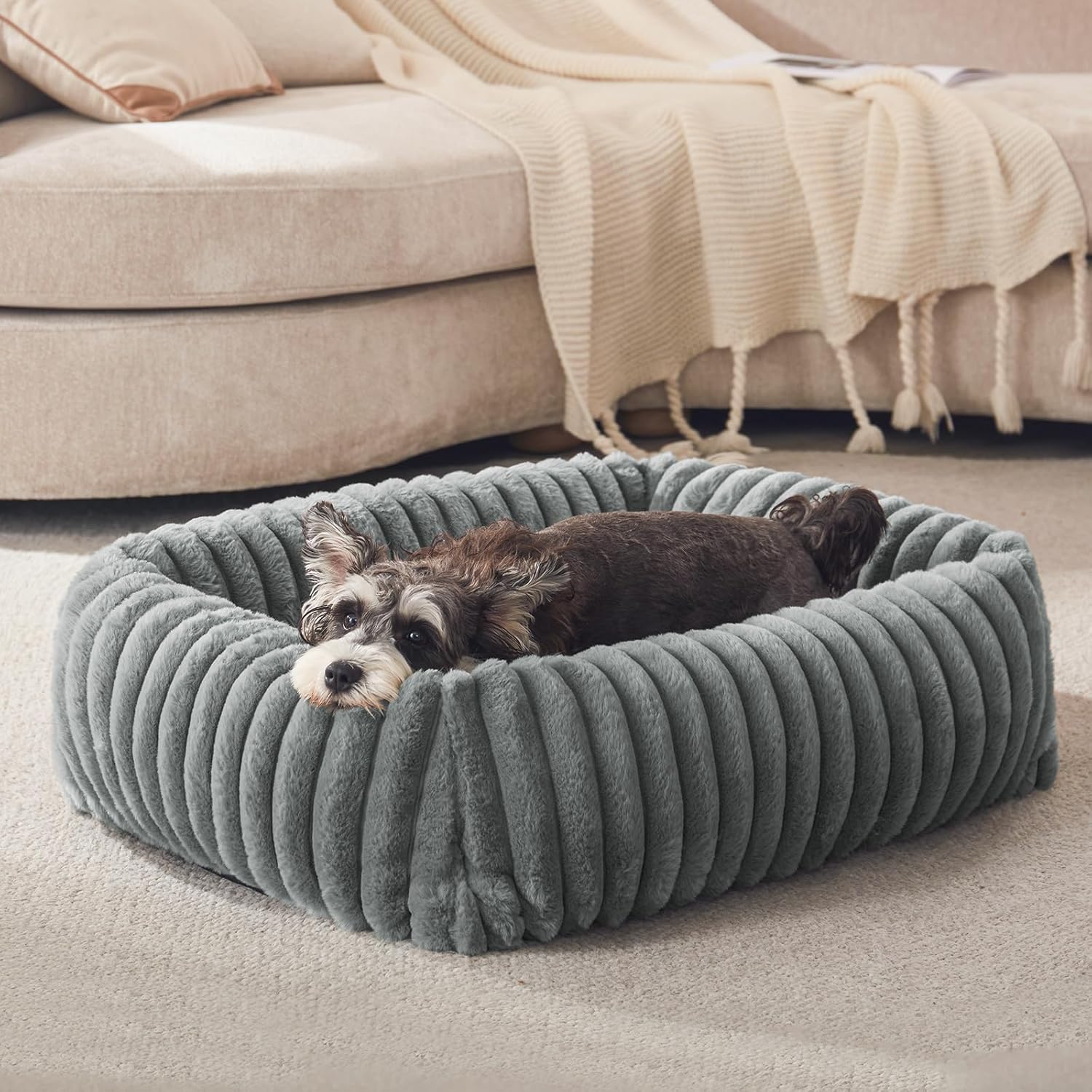 Dog Bed for Small Dogs, Washable Orthopedic Dog Bed with Removable Cover, Rectangle Soft Calming Sleeping Puppy Bed Durable Pet Cuddler with Anti-Slip Bottom