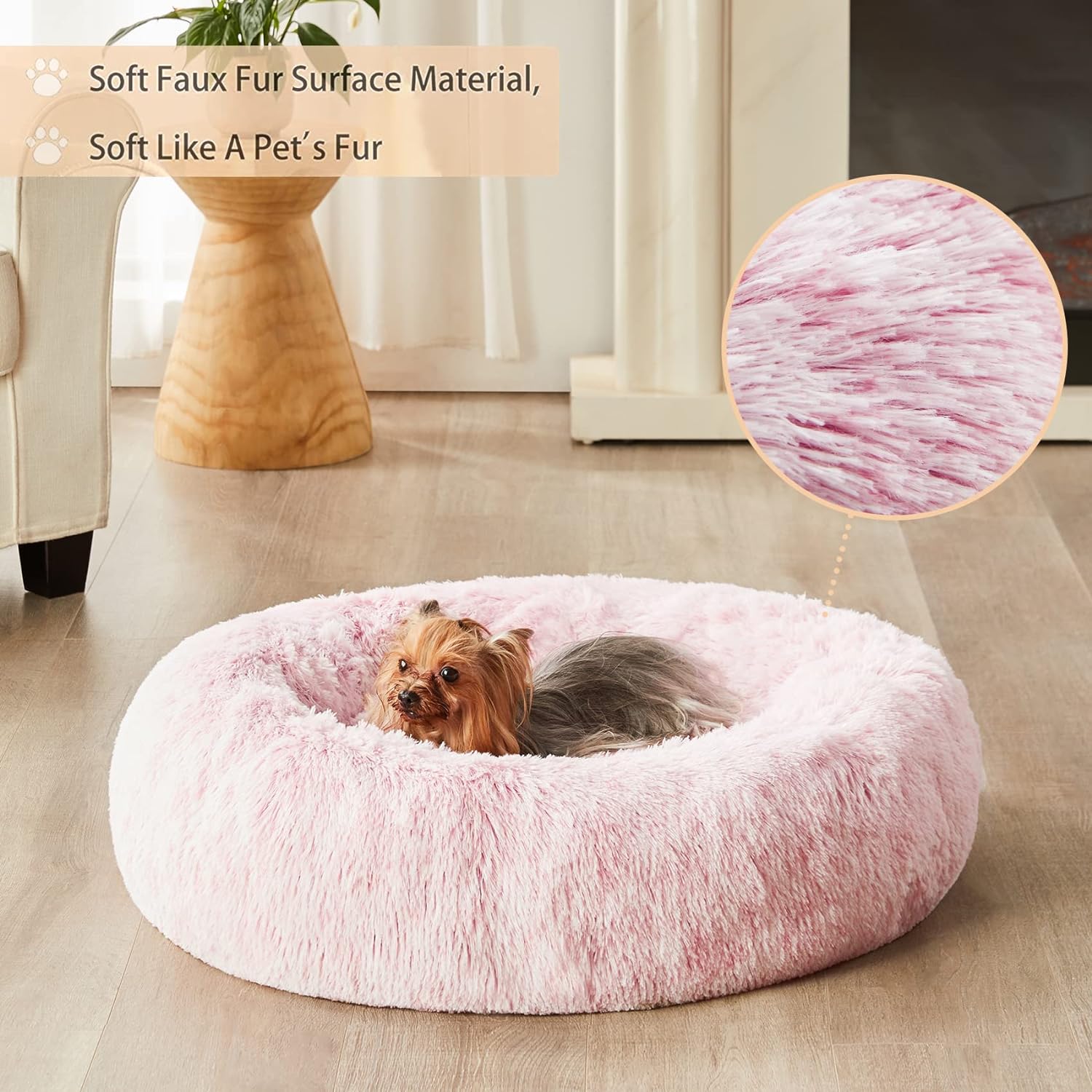 Calming Dog Bed Cat Bed Donut, Faux Fur Pet Bed Self-Warming Donut Cuddler, Comfortable Round Plush Dog Beds