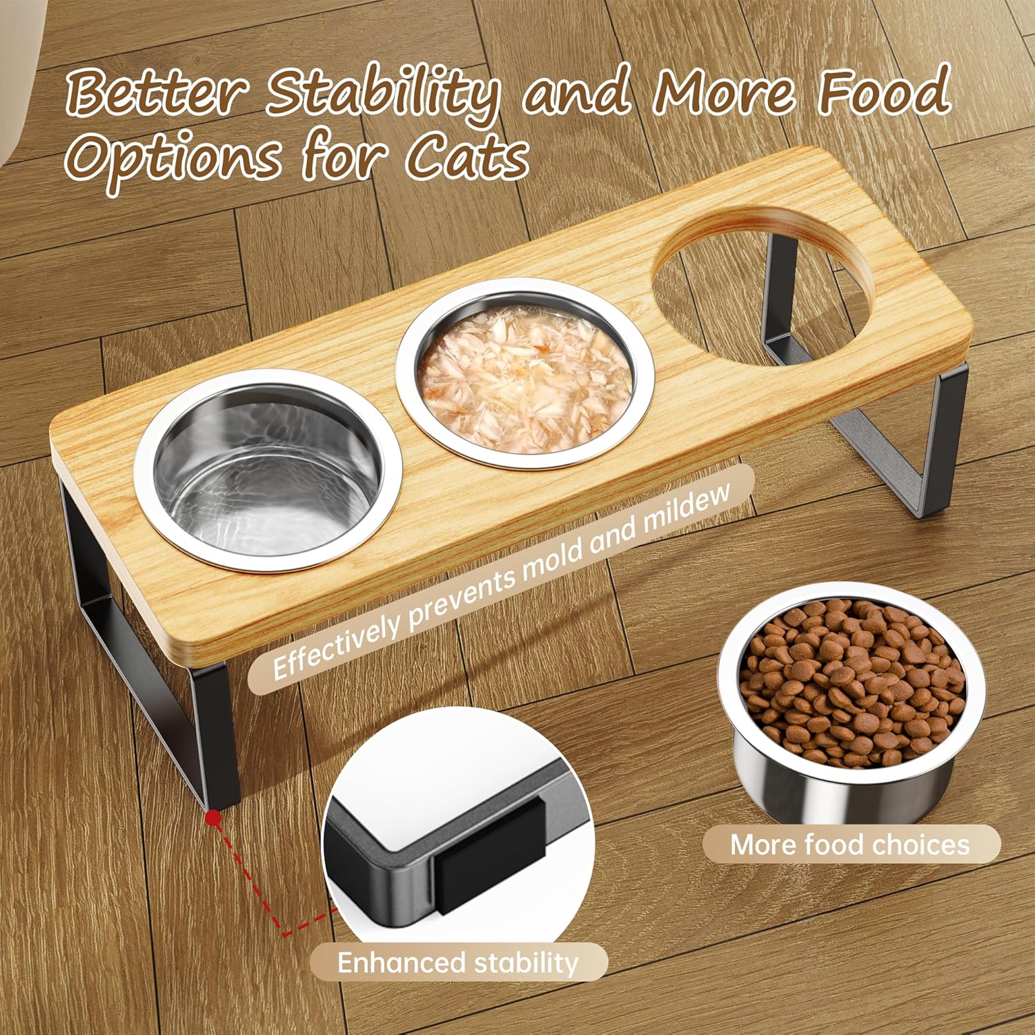 Elevated Cat Bowls with 3 Stainless Steel Bowls | 10° Tilted Anti-Vomiting Raised Cat Food Bowl for Small Cats and Puppies Pet Bowl with Stand
