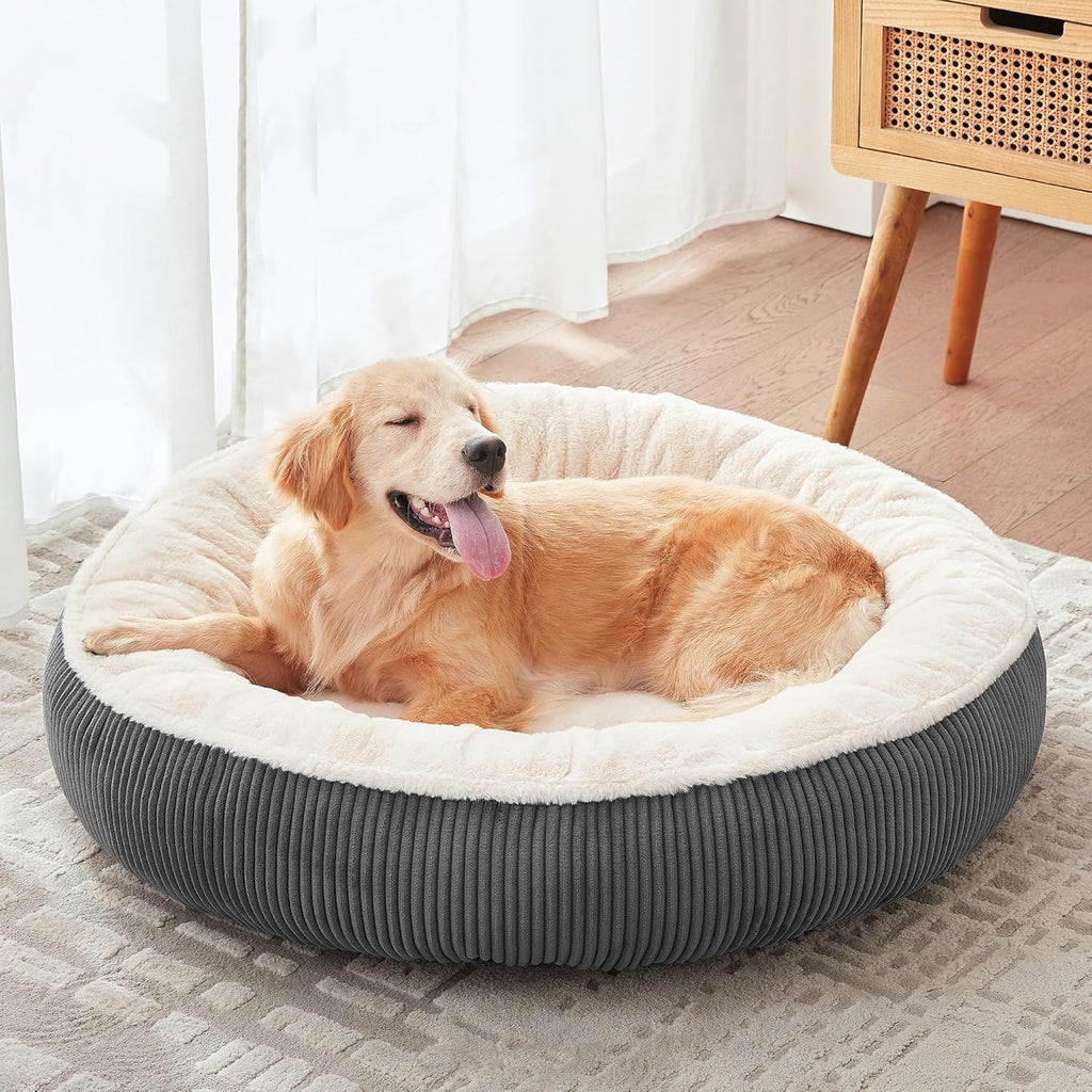 36 inches Donut Dog Bed for Large Dogs - Calming Round Pet Bed with Removable&Washable Cover, Plush Faux Fur & Corduroy, Fits Pets