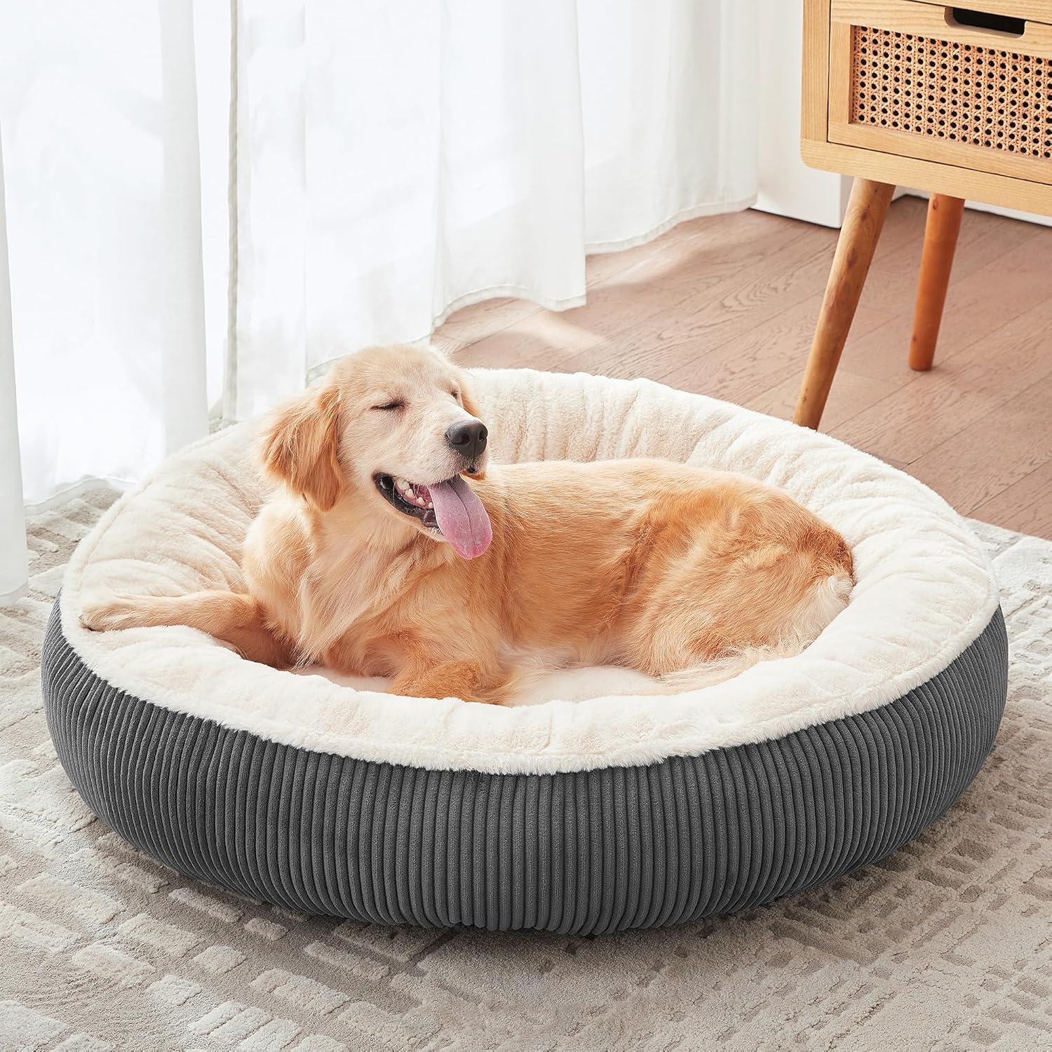 36 inches Donut Dog Bed for Large Dogs - Calming Round Pet Bed with Removable&Washable Cover, Plush Faux Fur & Corduroy, Fits Pets