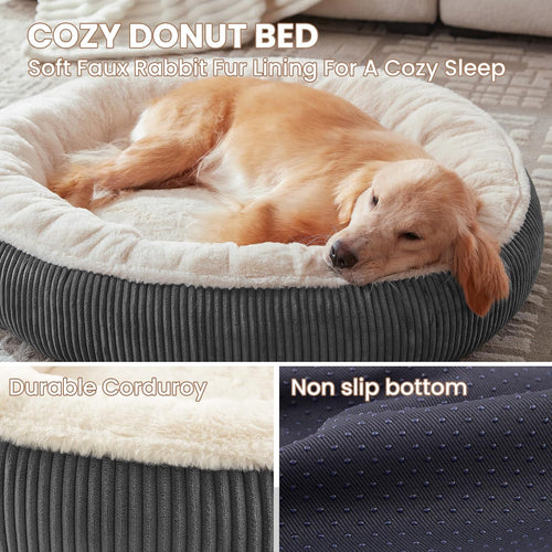 36 inches Donut Dog Bed for Large Dogs - Calming Round Pet Bed with Removable&Washable Cover, Plush Faux Fur & Corduroy, Fits Pets